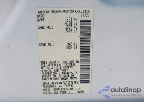 2022 Nissan Altima Sl Fwd z USA, uszkodzony, nr VIN 1N4BL4EVXNN322592